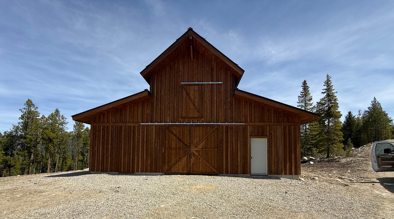 Finished barn, board-and-batten siding